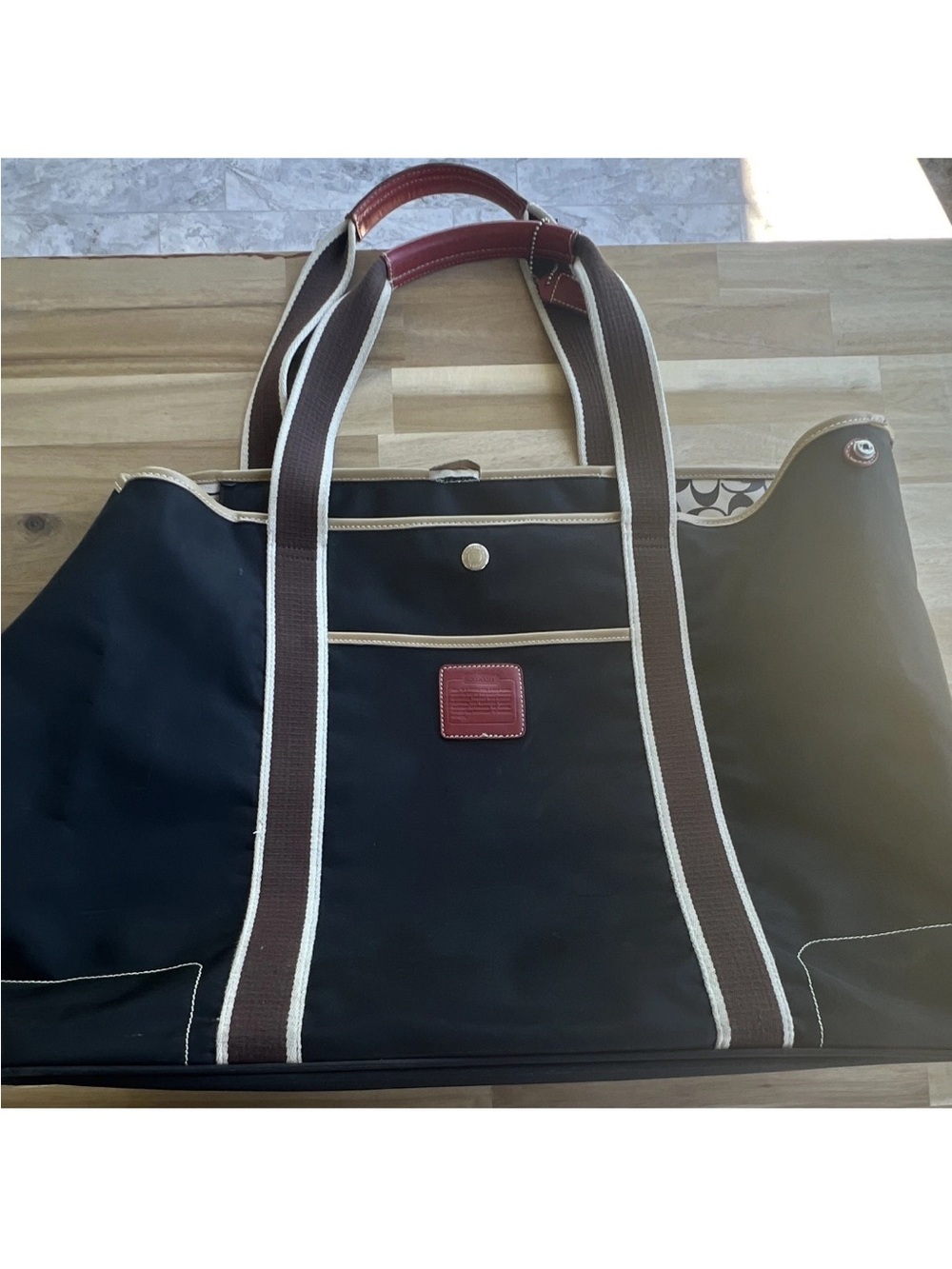 Coach Black Canvas Travel Tote with Brown Trim and Red Accent - Picture 2 of 5